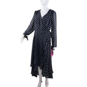 Betsey Johnson NWT 10 Polka Dot Wrap Dress Navy Long Sleeve Chiffon Ruffle Midi
